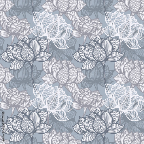 Flower line art. Vector floral background. Blue and grey art deco flower pattern. Vector illustration