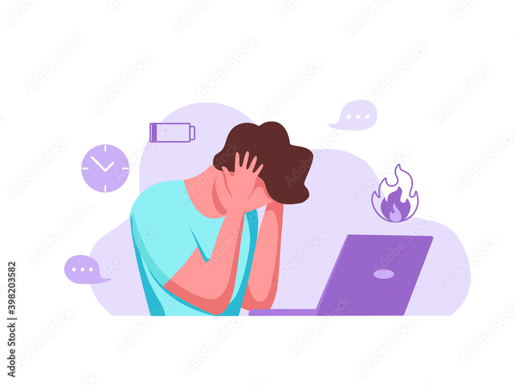 Professional burnout syndrome exhausted man tired sitting at her workplace in office holding her head Professional burnout syndrome exhausted man tired sitting at her workplace in office holding her head