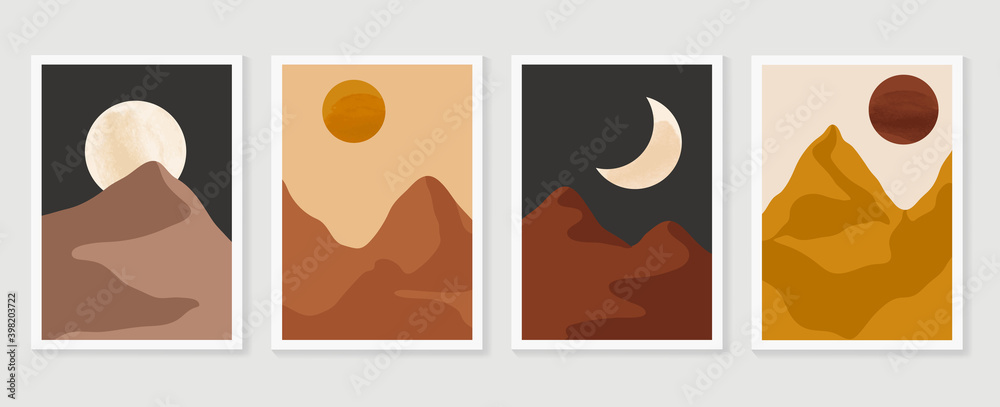 Mountain and landscape wall arts collection. Abstract art with land, desert, home, way, sun, sky. Design for wall art home decoration, prints, digital and smart phone wallpaper, fabric and background Mountain and landscape wall arts collection. Abstract art with land, desert, home, way, sun, sky. Design for wall art home decoration, prints, digital and smart phone wallpaper, fabric and background