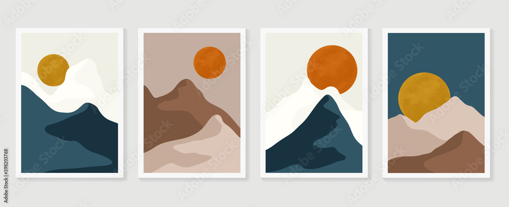 Mountain and landscape wall arts collection. Abstract art with land, desert, home, way, sun, sky. Design for wall art home decoration, prints, digital and smart phone wallpaper, fabric and background