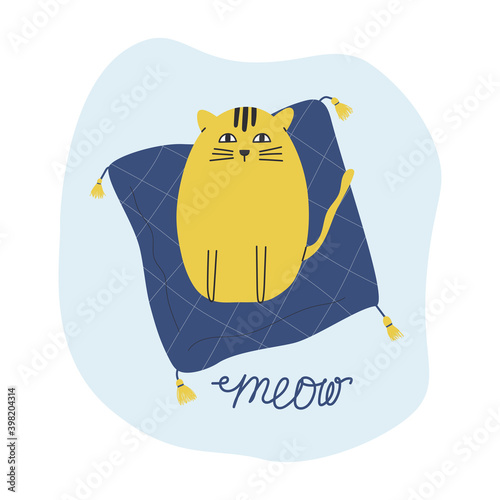 A yellow cat sits on a blue pillow and the handwritten word meow. Cute vector illustration on a free-form blue background. Great for designing stickers, postcards, and posters.