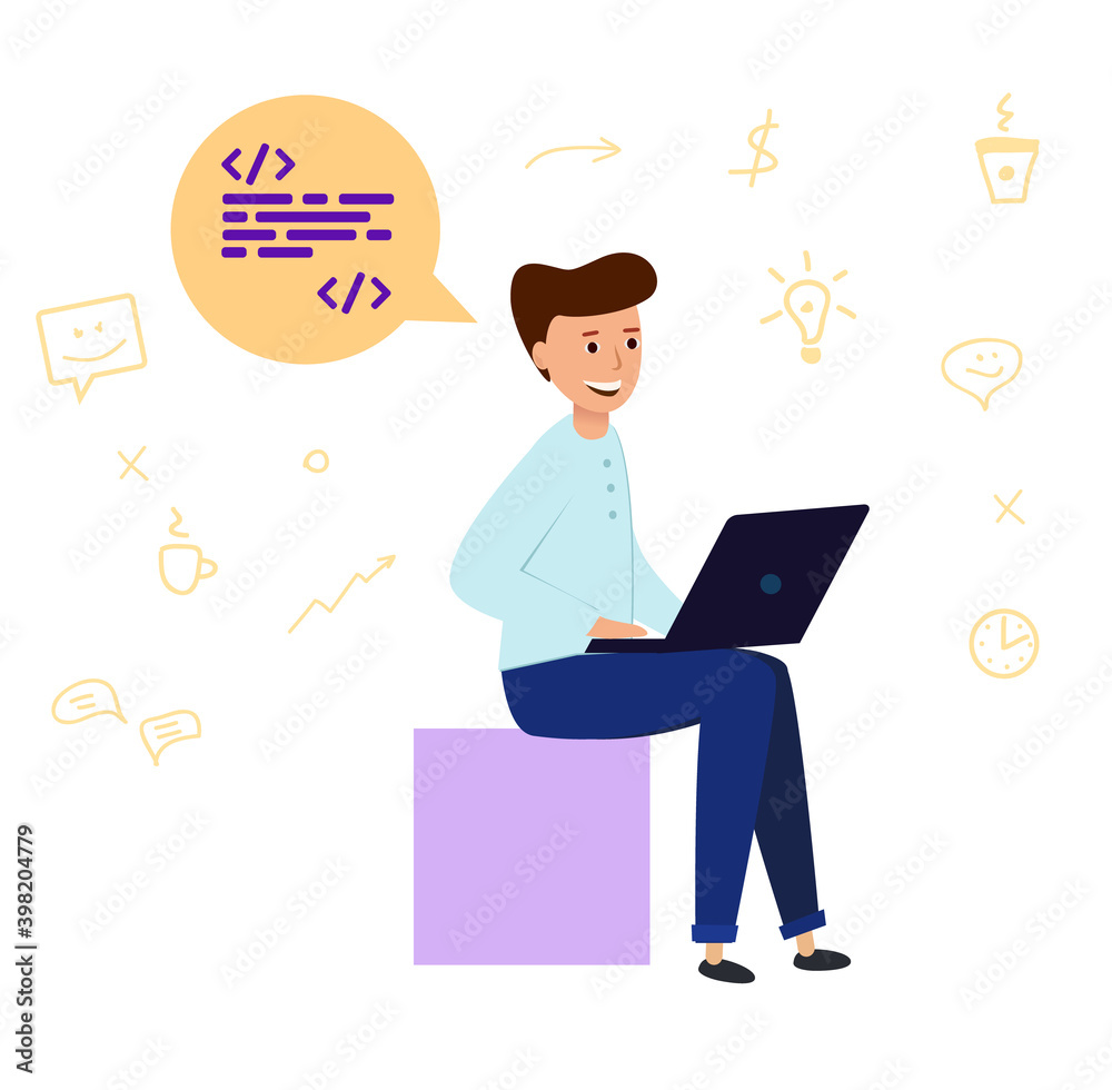 The programmer sits thinking and working on the computer. Writes code on programming language. Vector illustration isolated on white The programmer sits thinking and working on the computer. Writes code on programming language. Vector illustration isolated on white