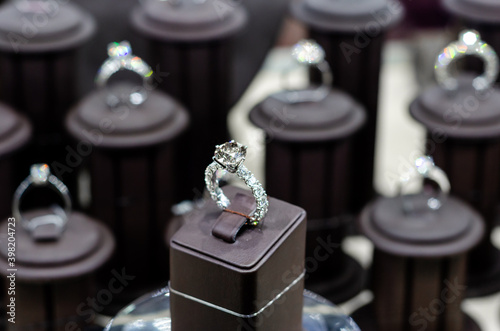 Luxury diamond engagement ring for sale in the jewelry store.