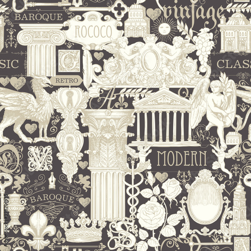 Seamless pattern on the theme of vintage art, furniture and Antiques. Abstract vector background with sketches and drawings on a dark backdrop. Wallpaper, wrapping paper, fabric in retro style