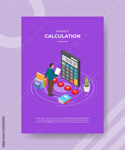 finance calculation men standing hold paper front big calculator stack book plant for template flyer and print banner cover isometric 3d flat style