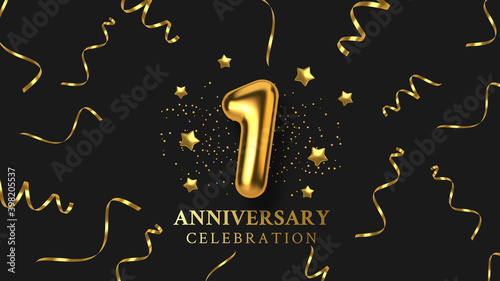 1th Anniversary celebration. Number in the form of golden balloons. Realistic 3d gold numbers and sparkling confetti, serpentine. Horizontal template for Birthday or wedding event. Vector