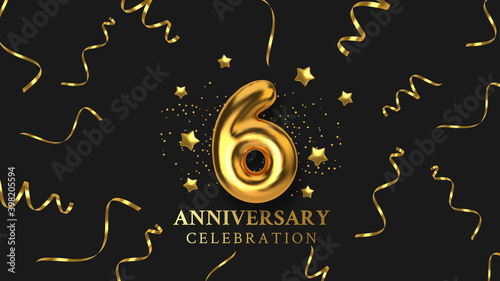 6th Anniversary celebration. Number in the form of golden balloons. Realistic 3d gold numbers and sparkling confetti, serpentine. Horizontal template for Birthday or wedding event. Vector