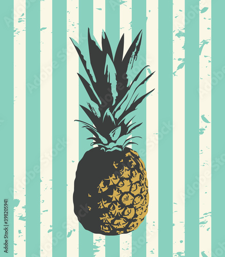Whole pineapple fruit close-up on grunge striped background. Vector illustration of a sweet tropical fruit. Realistic ripe pineapple with leaves. Suitable for invitations, greeting cards, posters