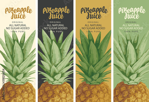 Set of four labels for natural pineapple juice with realistic pineapple and calligraphy inscription. Fresh pineapple juice vector illustrations in retro style
