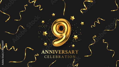 9th Anniversary celebration. Number in the form of golden balloons. Realistic 3d gold numbers and sparkling confetti, serpentine. Horizontal template for Birthday or wedding event. Vector
