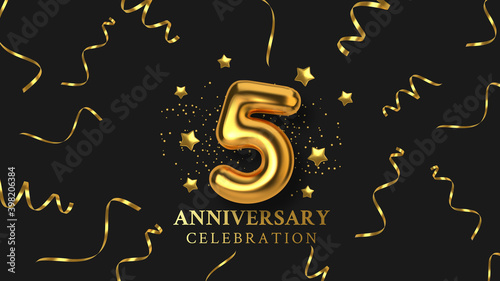 5th Anniversary celebration. Number in the form of golden balloons. Realistic 3d gold numbers and sparkling confetti, serpentine. Horizontal template for Birthday or wedding event. Vector