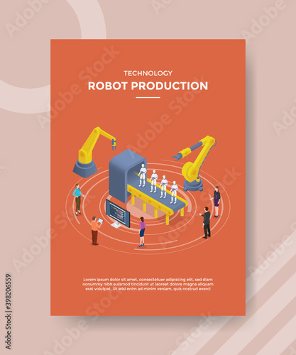 technology robot production people standing around machine robot development for template flyer and print banner cover isometric 3d flat style