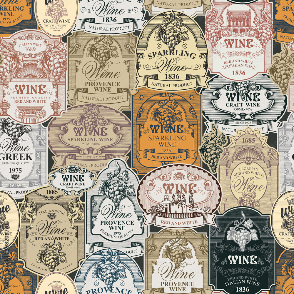 Seamless pattern with ornate hand-drawn wine labels in baroque style ...