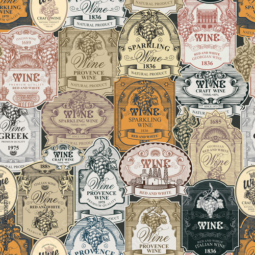 Seamless pattern with ornate hand-drawn wine labels in baroque style. Repeating vector background on the theme of wine and wineries. Suitable for vintage Wallpaper, wrapping paper, fabric