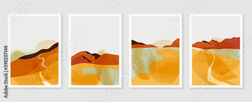 Mountain and landscape wall arts collection. Abstract art with land, desert, home, way, sun, sky. Design for wall art home decoration, prints, digital and smart phone wallpaper, fabric and background