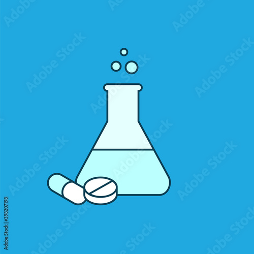 Erlenmeyer conical flask. Lab flask with pill and tablet. Pharmaceutical concept. Chemistry science equipment. Color icon on blue background. Research in medicine. Vector illustration, flat, clip art
