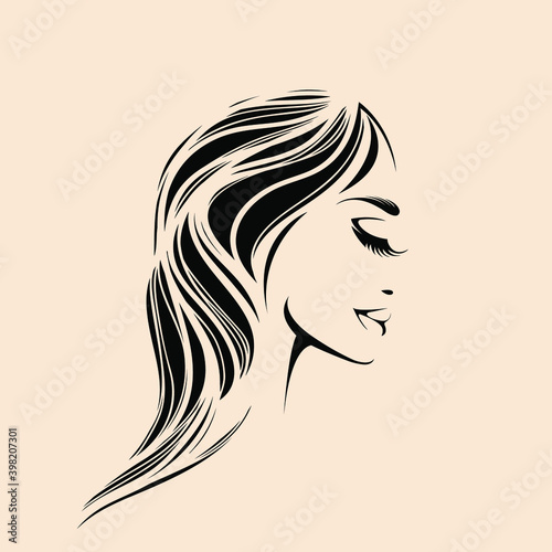 Hair salon and beauty studio illustration.Long, wavy hairstyle woman with elegant makeup.Cosmetics and spa icon.Young lady portrait.Beautiful model face.Luxury,glamour style.Profile view.
