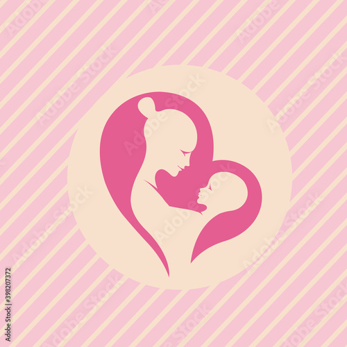 Mother and Child vector art logo.Heart shape icon.Beautiful, tender mom and baby child holding.Motherhood illustration isolated on decorative lines background.Newborn embrace.