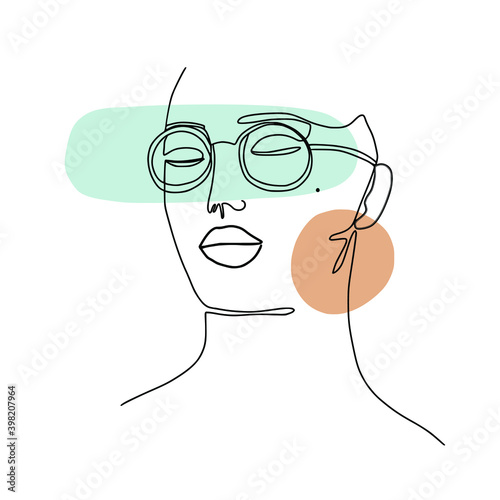 One line woman with geometric and organic shapes fashion portrait. Minimal design, freehand composition, modern abstract style. Beauty fashion female glasses portrait with color drops.