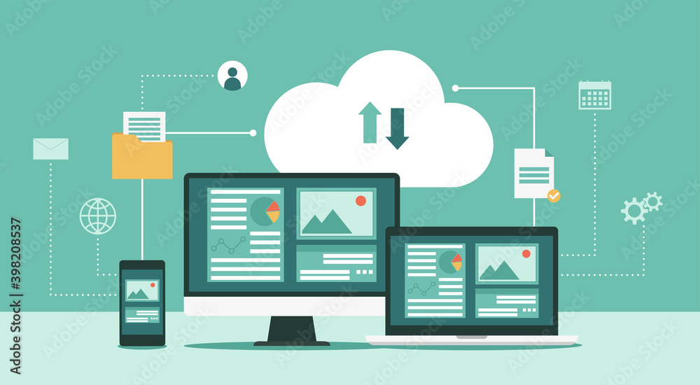 Cloud computing technology network with computer monitor, laptop, and mobile phone, Online devices upload, download information, data in database on cloud services, vector flat illustration Cloud computing technology network with computer monitor, laptop, and mobile phone, Online devices upload, download information, data in database on cloud services, vector flat illustration