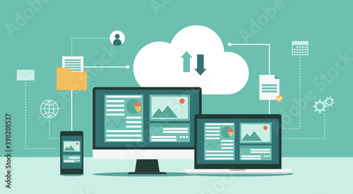 Cloud computing technology network with computer monitor, laptop, and mobile phone, Online devices upload, download information, data in database on cloud services, vector flat illustration photo