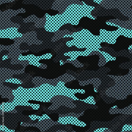 Camouflage texture seamless pattern with grid. Abstract modern endless military bacnground for fabric and fashion textile print. Vector illustration.