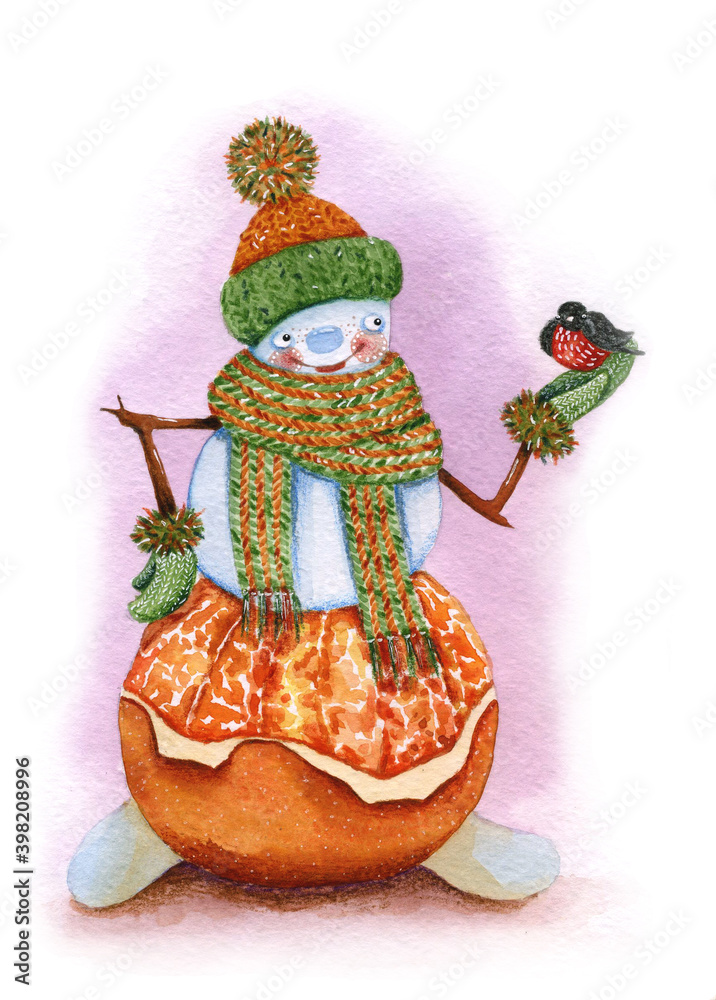 Snowman in a hat and scarf holding a bullfinch in his hand