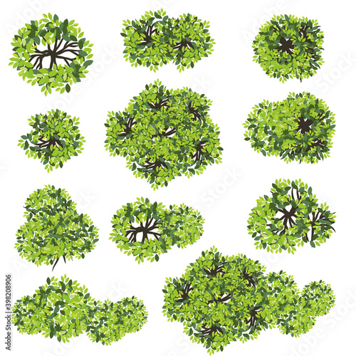 Collection of abstract green tree top view isolated on white background for landscape plan and architecture layout drawing, elements for environment and garden, green grass illustration 