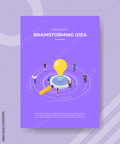 creativity brainstorming idea people standing around lupe bulb lamp for template flyer and print banner cover isometric 3d flat style