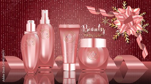 Beauty product ad design, pink cosmetic containers with holiday concept advertising background ready to use, luxury skin care banner, illustration vector.