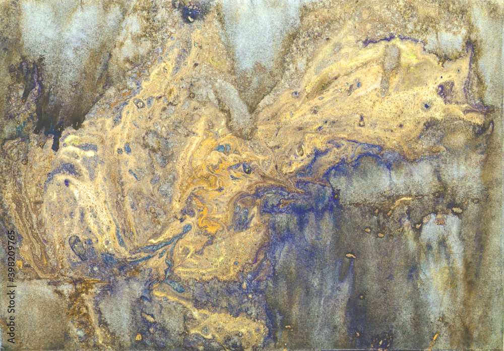 beige gray gold mustard yellowpurple blue lilac paint in monotype technique, abstract texture background for your design Imitation marble, granite. Paper marbling aqueous surface design, unique marble