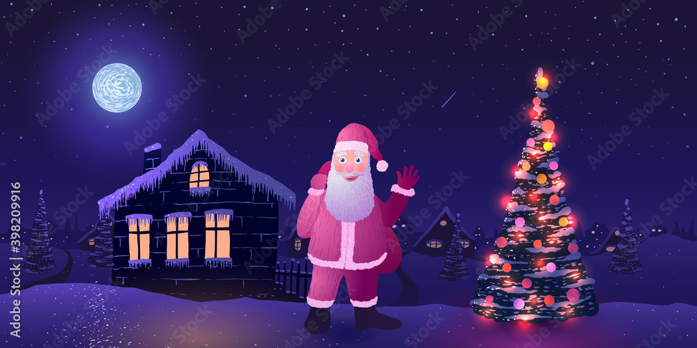 Santa Claus next to decorated Christmas tree waving at background of night village in snow on moonlit night