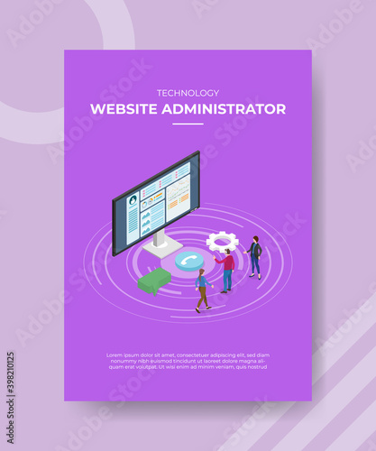 technology website administrator people standing front monitor computer bubble chat call gear setting for template flyer and print banner cover isometric 3d flat style