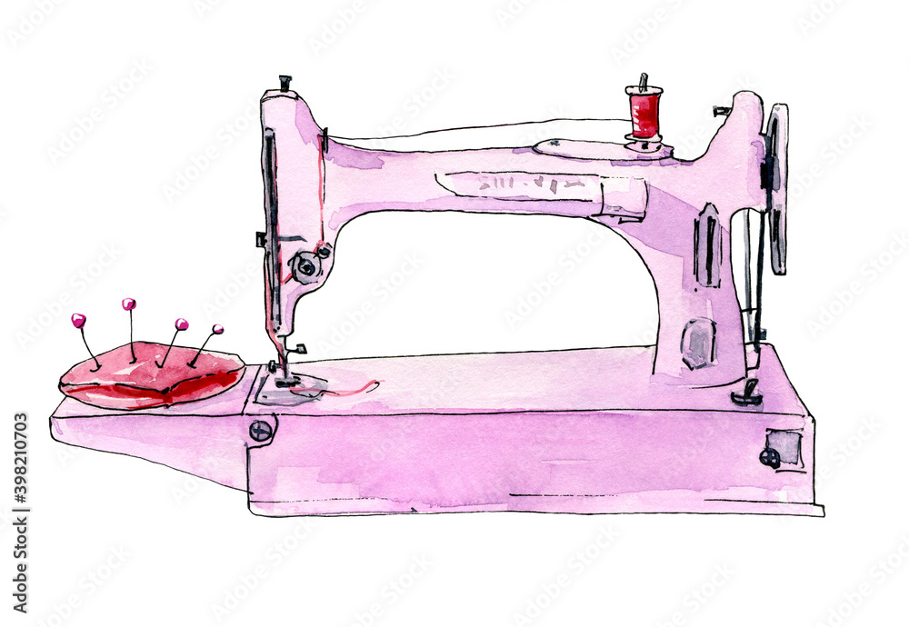 Watercolor illustration of a pink sewing machine with a red spool of thread