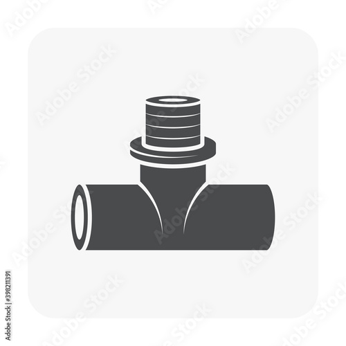 PVC plastic pipe fitting vector icon. 3 way (tee) male. Slip socket opening 2 end (solvent weld) and 1 male thread. Part for pipeline system, plumbing, drainage, vent, waste, sewage and water supply.
