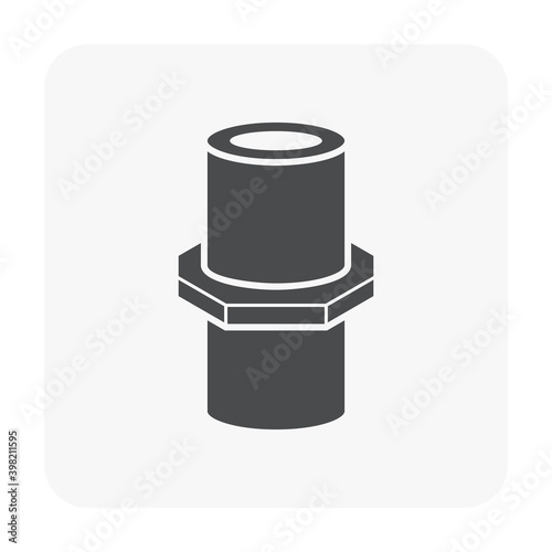 Female pvc plastic nipple threaded pipe fitting NPT vector icon. Consist screw both side. Part for connection pipe in pipeline system, plumbing, drainage, vent, waste, sewage and water supply.