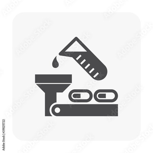 Pharmaceutical, nutraceutical, cleaning product and supplement manufacturing production industry vector icon. That industrial process. Consist of capsule product, production line, automation machine.