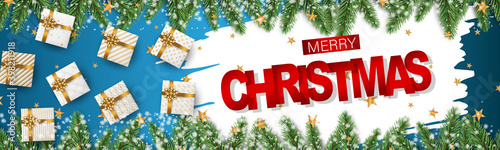 Christmas banner or website header. Merry Xmas and Happy New Year design for invitation or sale advertisement with fir tree branches, gift boxes with golden ribbon and bow, blue background © Natalie Adams