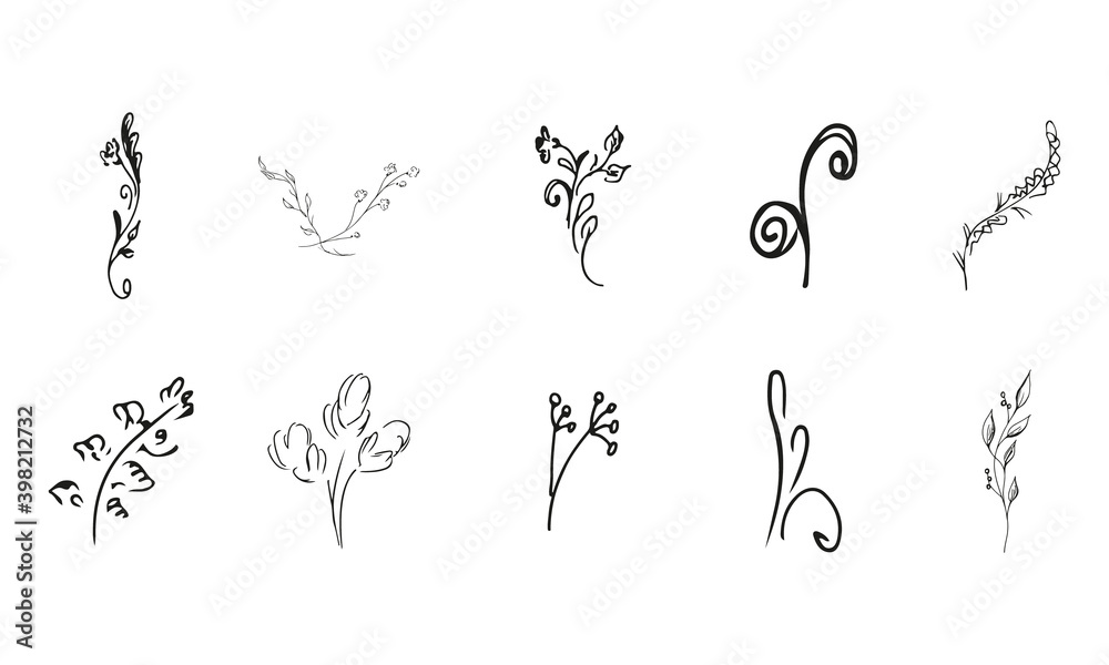 Doodle simple vector collection of 10 hand-drawn floral elements. Big collection of 10 hand-drawn branches. Big floral botanical set. Isolated on white background. Doodle simple vector collection of 10 hand-drawn floral elements. Big collection of 10 hand-drawn branches. Big floral botanical set. Isolated on white background.