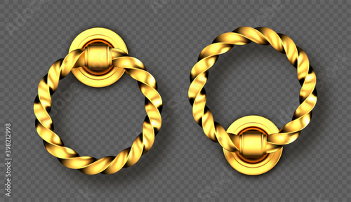 Realistic gold door knocker, twisted handles, golden ring knobs, shiny vintage metal doorknob, element for interior or exterior design isolated on transparent background, 3d vector icons, clipart