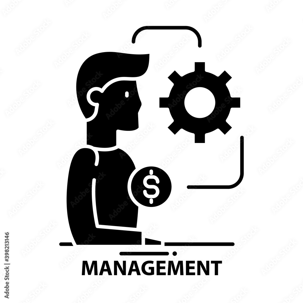 management icon, black vector sign with editable strokes, concept illustration