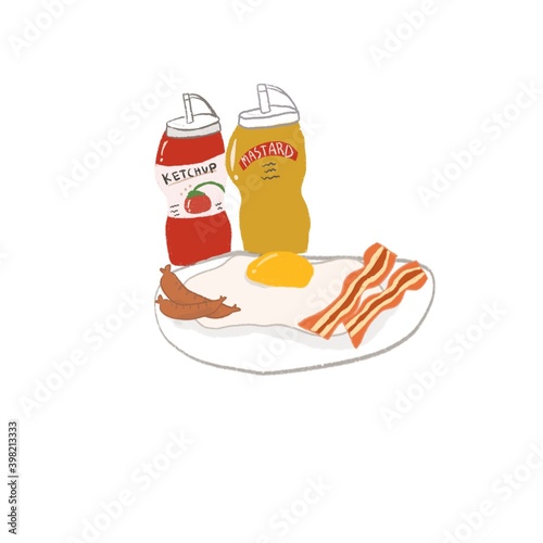 Illustration of egg and bacon, american breakfast, abf, ketchup, tomato sauce, mustard, bacon photo