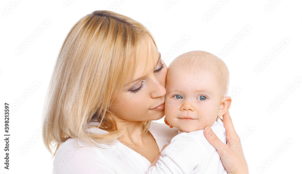 Portrait of happy smiling mother and cute little baby over a white background Portrait of happy smiling mother and cute little baby over a white background