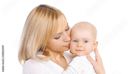 Portrait of happy smiling mother and cute little baby over a white background