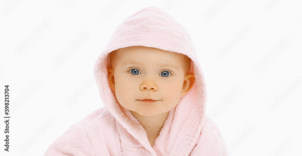 Portrait of little baby in soft pink costume over a white background Portrait of little baby in soft pink costume over a white background