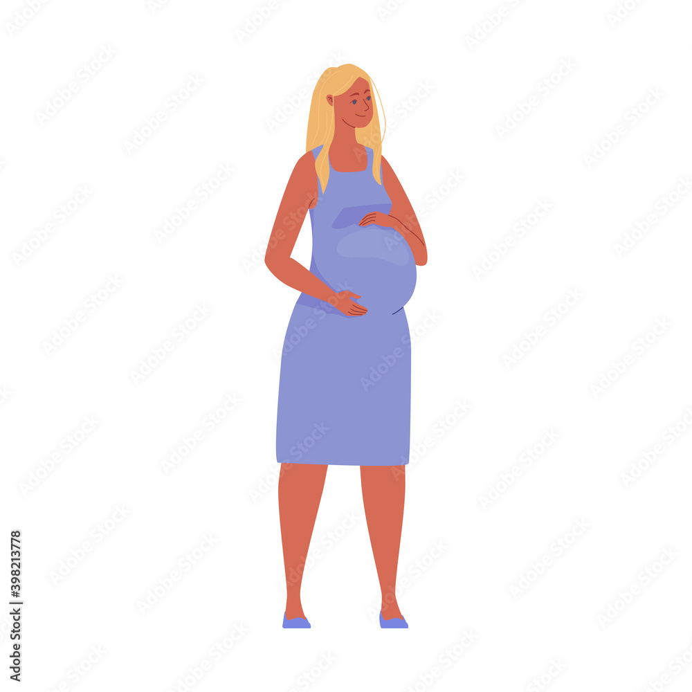 Beautiful pregnant woman hugging her big belly. Illustration. Vector in ...