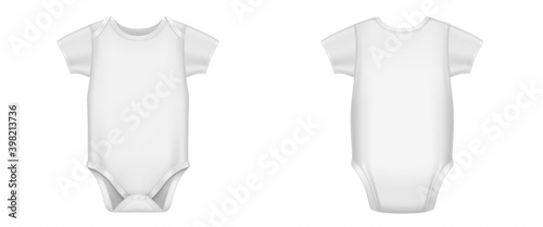 White baby bodysuit, infant romper with short sleeves front and back view. Vector realistic mockup of blank cotton clothes for kids, newborn body suit isolated on white background