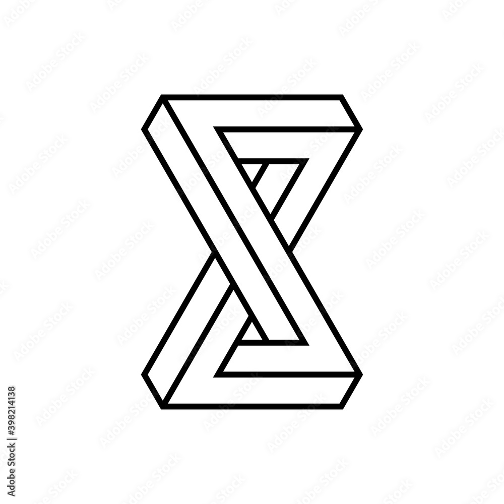 Logotipo símbolo infinito 3d triangular en perspectiva imposible con lineas en color negro