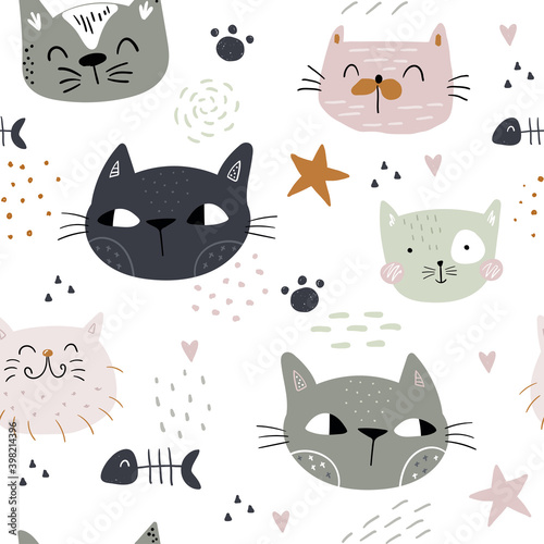Fototapeta Naklejka Na Ścianę i Meble -  Seamless childish pattern with cute cats. Creative kids hand drawn texture for fabric, wrapping, textile, wallpaper, apparel. Vector illustration