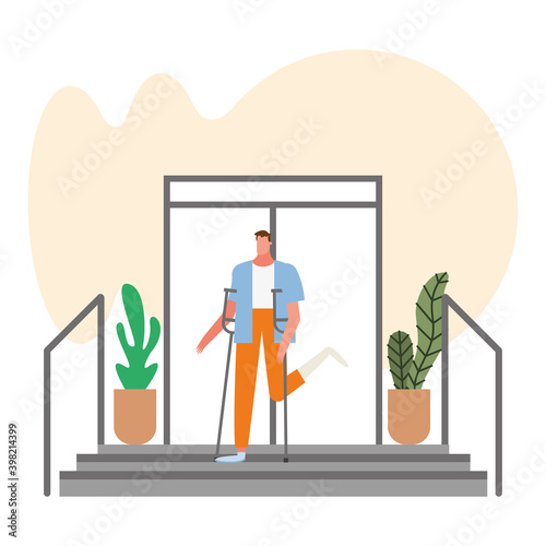 man with crutches disable person character